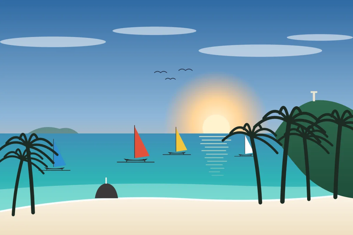Illustration of a white-sand beach with turquoise water, coconut palms and paraw sailboats with colourful sails at Boracay at sunset