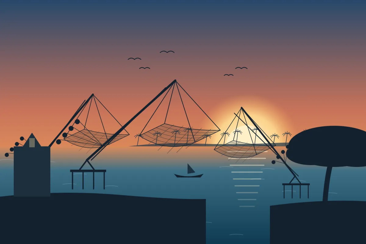 Illustration of Chinese fishing nets against a sunset on the Fort Kochi waterfront