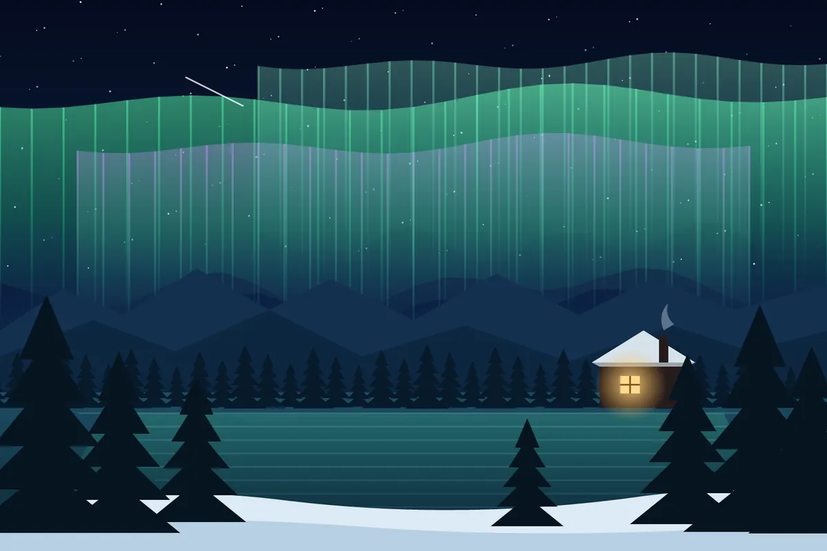 Illustration of green aurora curtains above a snowy spruce forest, a frozen lake and a small cabin with a glowing window under a starry sky