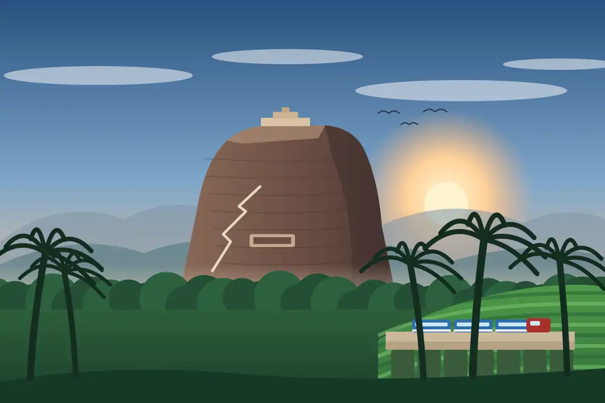 Illustration of a flat-topped rock fortress rising above jungle with tea terraces, a stone viaduct and a blue train at sunset in Sri Lanka
