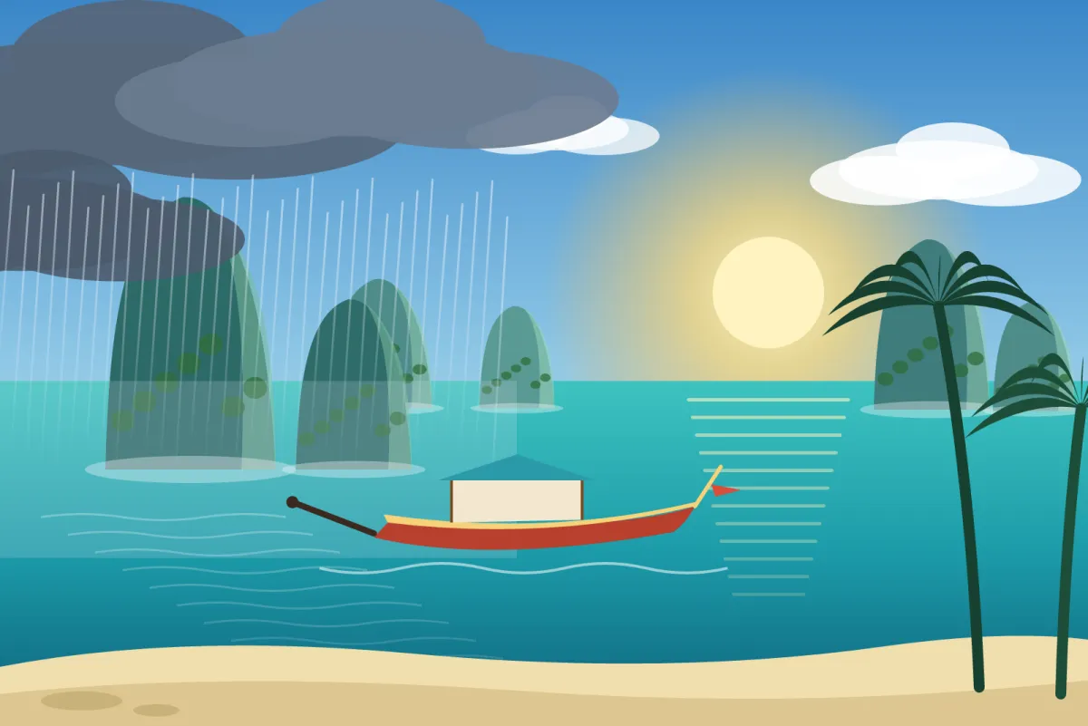 Illustration of limestone karst islands in a calm bay with a long-tail boat, sun on one side and a passing monsoon shower on the other, palms in the foreground