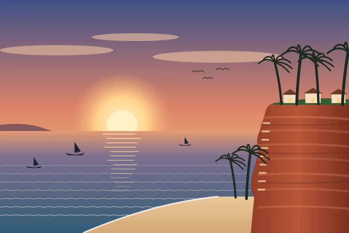 Illustration of red laterite sea cliffs with coconut palms above a curving beach at Varkala at sunset
